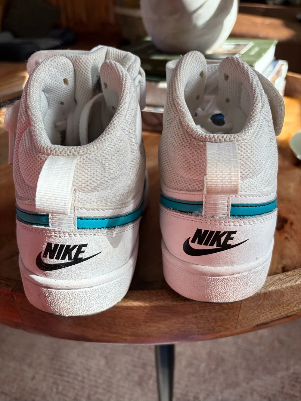 Nike Kids White Mid-Top Sneakers with Teal Swoosh